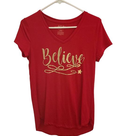 Apartment 9 Red Christmas T Shirt Believe In Gold Writing Holiday Cheer Small - Picture 1 of 6
